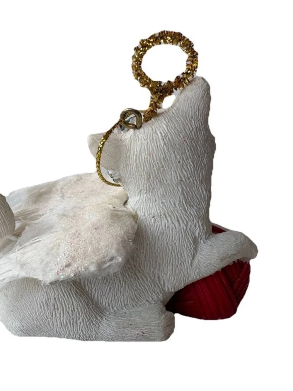 Vintage White Cat with Wings Red Ball of Yarn Ceramic Christmas Ornament 3”